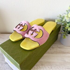 New Gucci Interlocking G leather suede slide sandals size IT 37, US 7